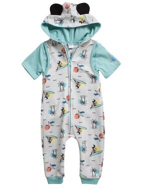 NWT Carter's Disney Baby Surf & Beach Gray Mickey Hooded One-Piece 3-6M